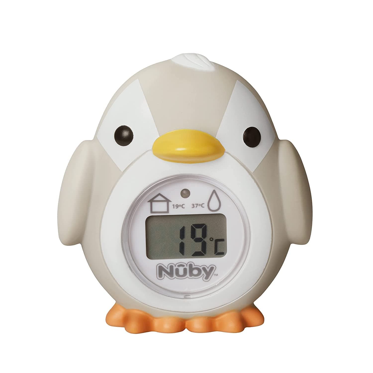 Nuby - Penguin shaped baby bath thermometer - Easy to read screen - BPA free - Gray - Suitable from 0 months | Digital thermometer with readable LCD display, flashes when too hot, floats in water, from birth, ideal for bath & bedroom