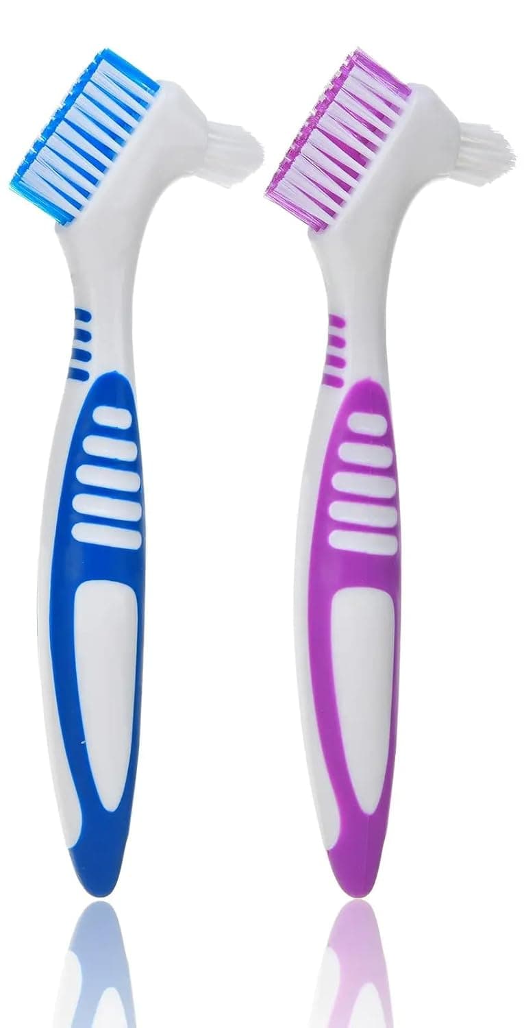 Denture Brush Hard ( 2 Pack ) Double Sided Multi-Layered Bristles Ergonomic Rubber Anti-Slip Handle Denture Toothbrush Retainers Denture Cleaning Care Brush False Teeth Cleaning Brush Asst Colors (2)