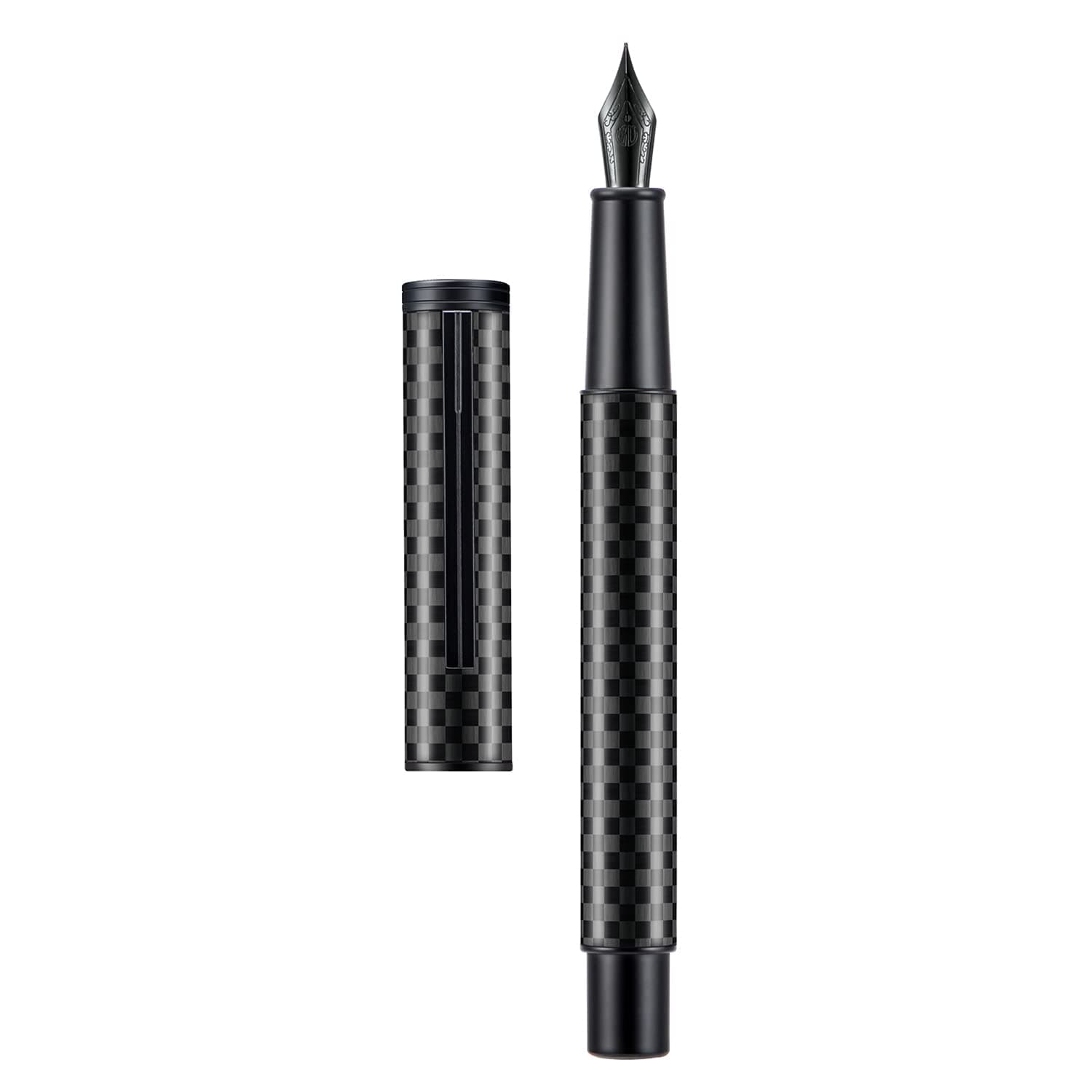 Asvine Hongdian 1861 Black Forest Carbon Fiber Fountain Pen, Long Blade Nib Modern Design Smooth Writing Pen with Converter and Metal Pen Case Set