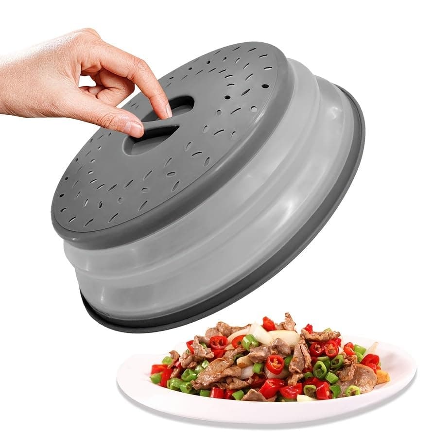 Foldable Microwave Food Cover – 10.5in (26.5cm) Round PP+TPR Lid with Handle, Vent Holes & Strainer, Protective Microwave Plate Cover for Fruits, Gray