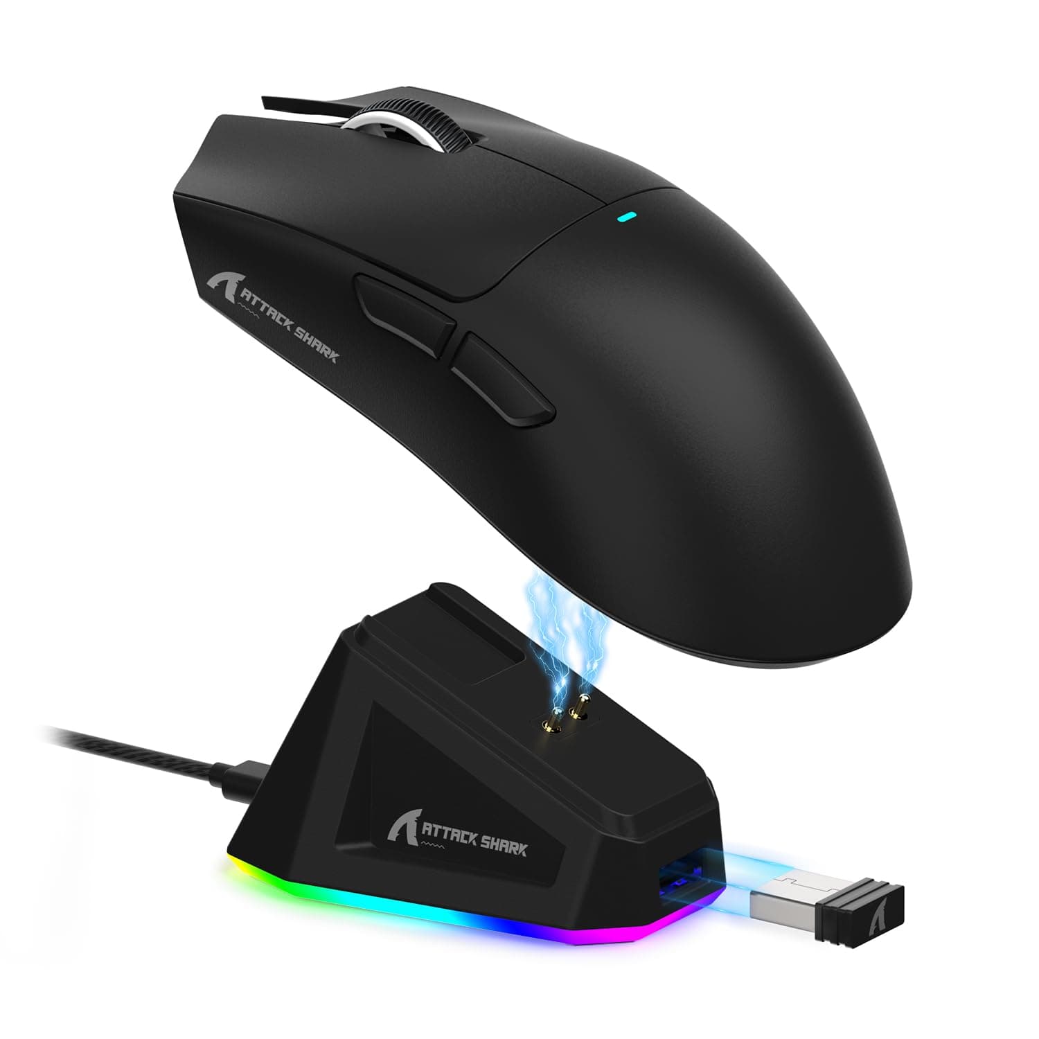 ماوس العاب لاسلكي خفيف الوزن X11 مع قاعدة شحن RGB وضع ثلاثي 2.4G/USB-C سلكي/بلوتوث حتى 22K DPI ومستشعر بصري PAW3311 مفتاح هويو و5 أزرار قابلة للبرمجة للكمبيوتر وماك من اتاك شارك - لون أسود