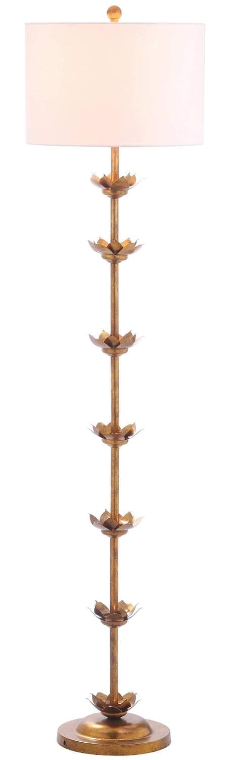 SAFAVIEH Lighting Collection – Landen 64-Inch Antique Gold Leaf Floor Lamp, Sculptural Iron Standing Lamp with Fabric Shade, LED Bulb Included for Living Room, Bedroom & Office (FLL4003A)