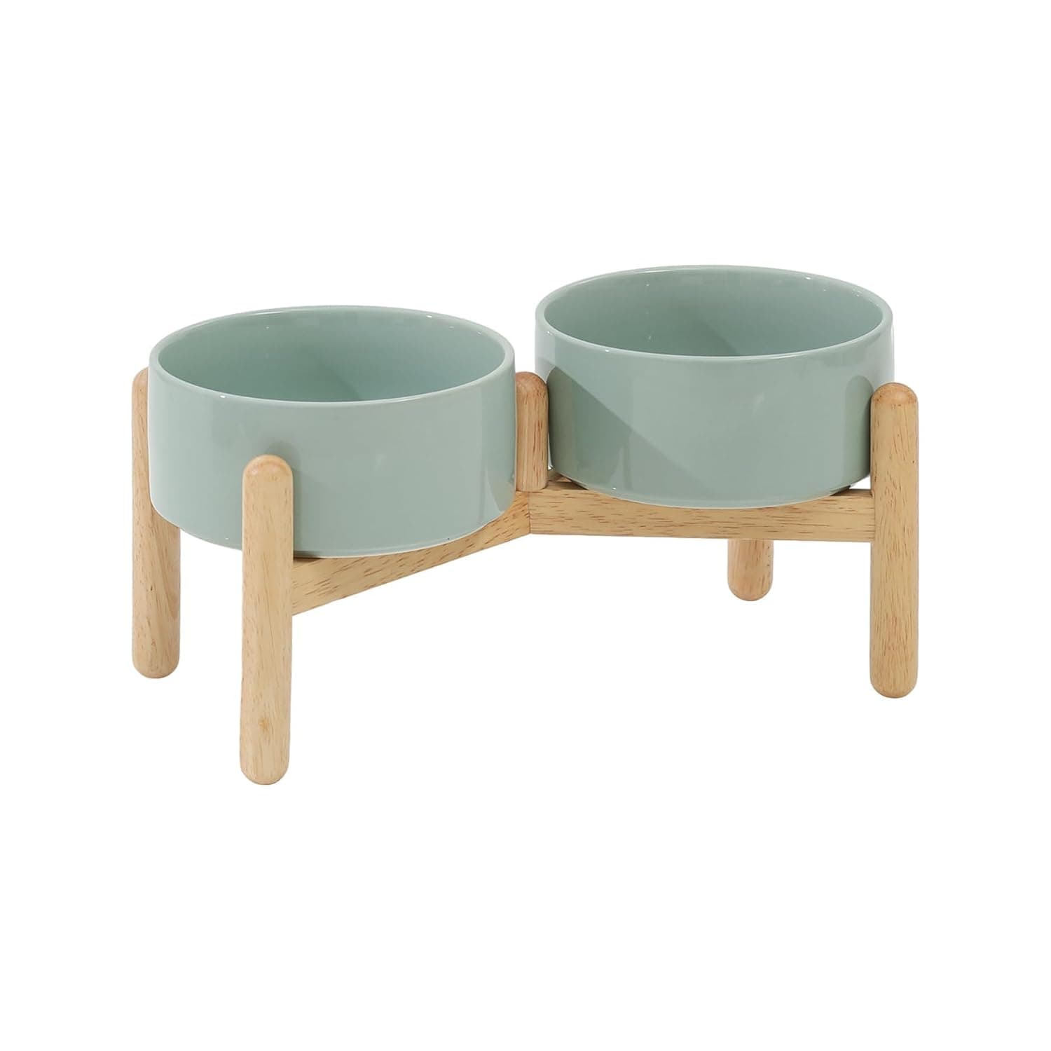 Havniva Ceramic Raised Dog Bowl with Stand for Medium and Large Breed Dog Dish Pet Food and Water Bowl (Double Bowl with Stand - Light Green, 6" D) | 6.1” Elevated Dog Bowls, Non-Slip Wood Stand, Dog Food and Water Bowl Set, Dog Feeding Dish, Large Capacity Pet Water Bowl