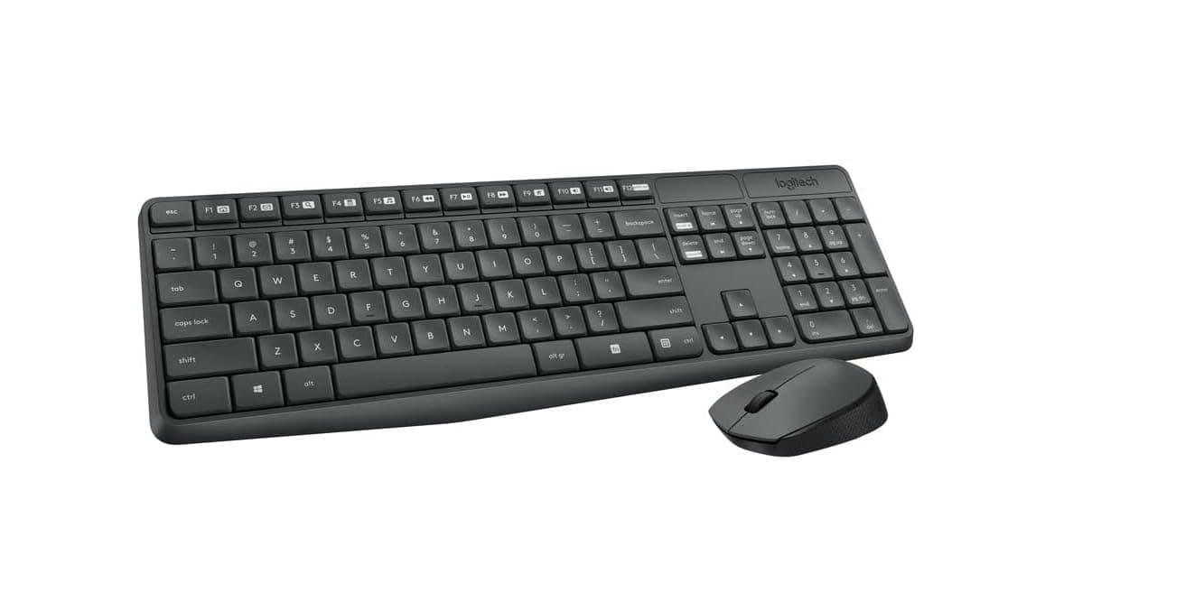 مجموعة كيبورد وماوس لاسلكيان لنظام ويندوز موديل MK235 من لوجيتيك تصميم لاسلكي 2.4 جيجاهرتز - مستقبل USB موحد 15 مفتاح وظيفي بطارية 3 سنوات للكمبيوتر اللاب توب عربي انجليزي أسود