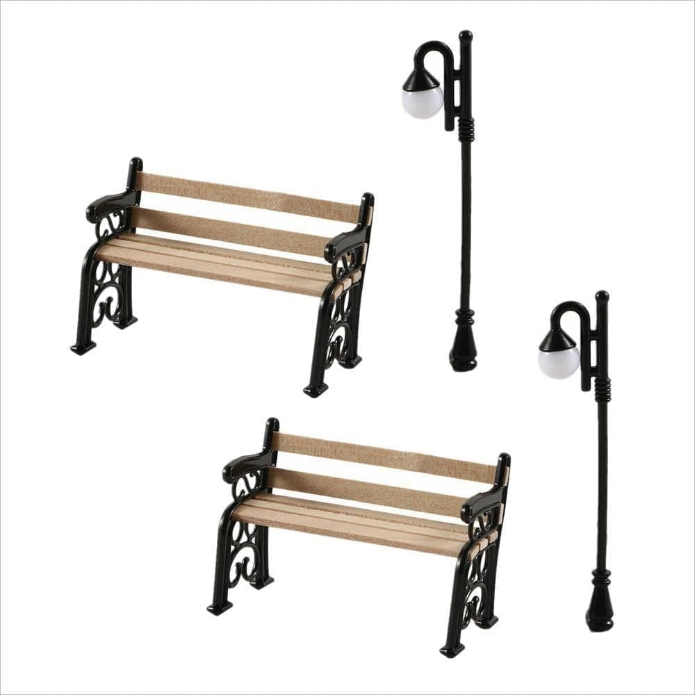 Mini Bench Miniature Lamp Set, 1.33 Inch Miniature Park Bench & 2.75 Inch Miniature Street Lamp Set, Fairy Garden Chairs and Decor for Crafts, Dollhouse Ornaments, Tiny Outdoor Scene Accessories