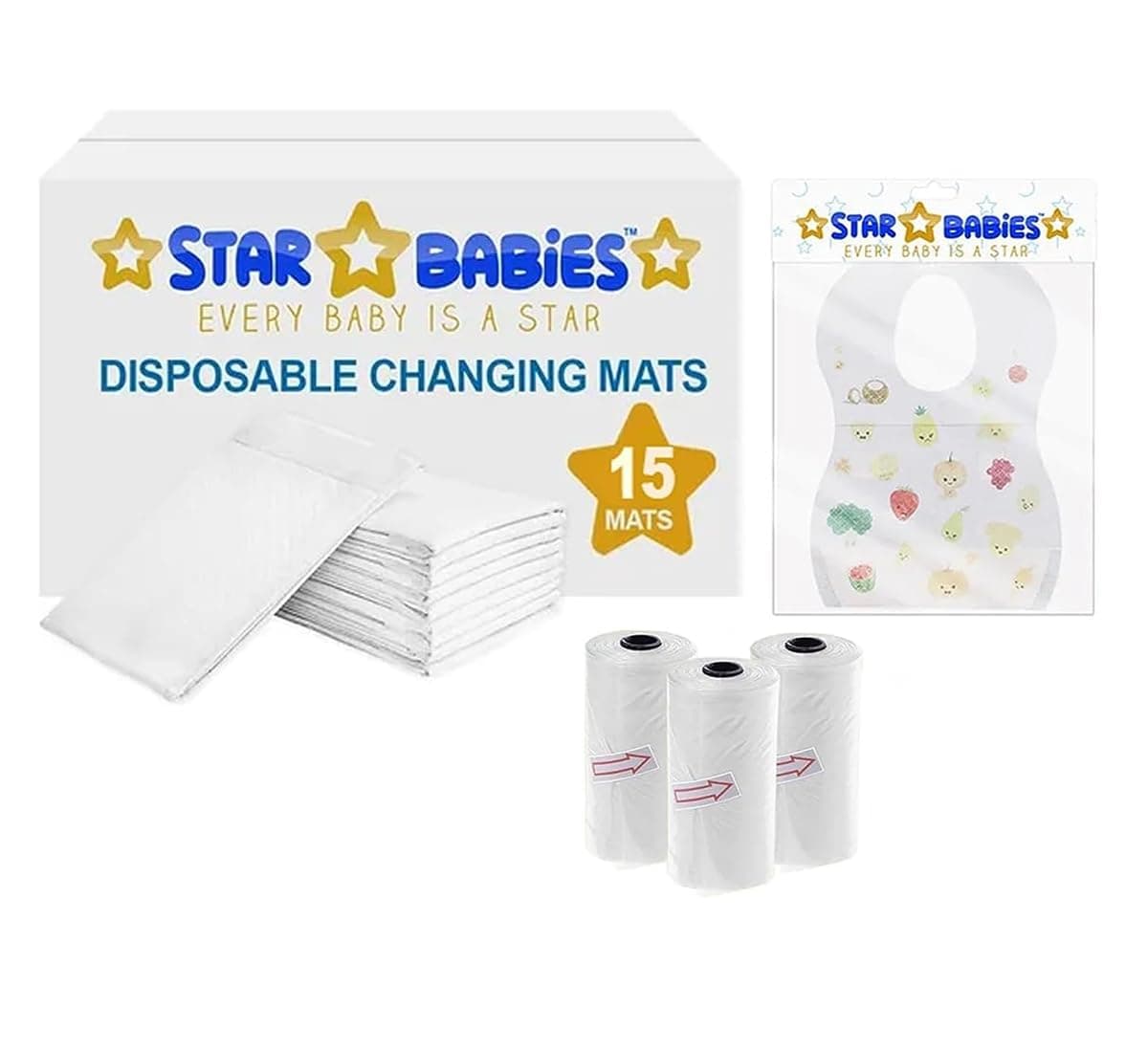 Star Babies Baby Essentials Pack of 3 (Changing mat 15pcs, Bibs 15pcs, Scented Bag 3pcs)-White