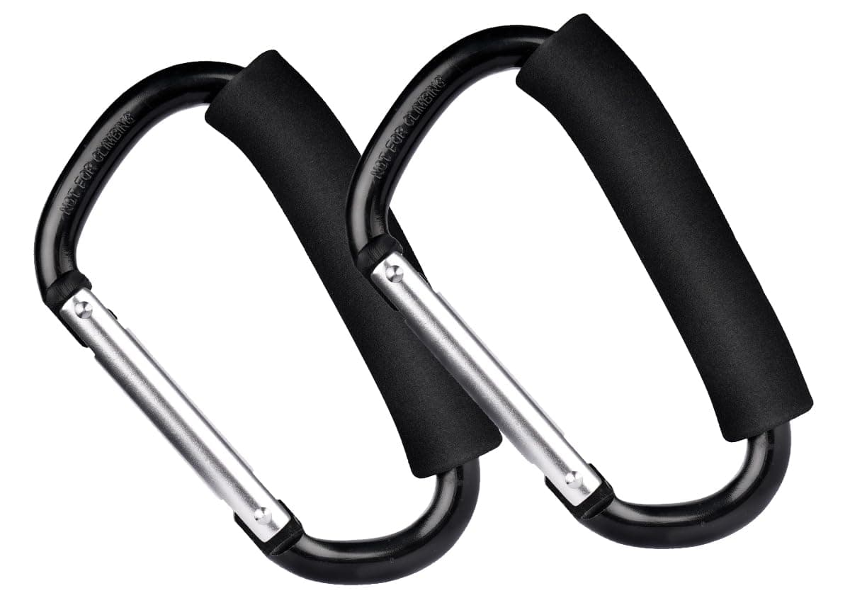ECVV 2 Pack Baby Stroller Hooks Mommy Large Carabiner Stroller Accessories Clips Organizer Hook for Hanging Purses, Diaper Bag, Shopping Bags (Black)
