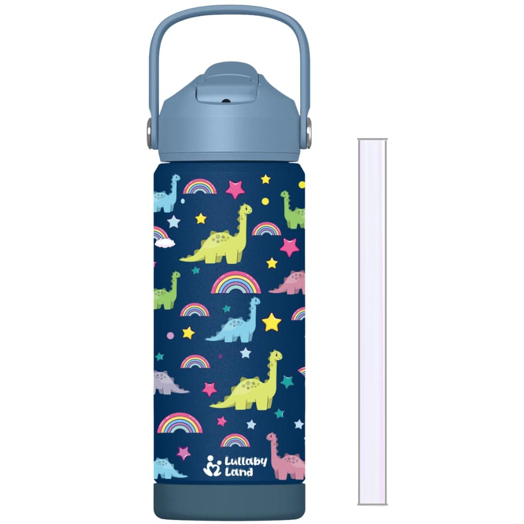 Lullaby Land 550ml Stainless Steel Water Bottle for Kids, Stay Hydrated with Kids Water Bottle for School, No Leak Bpa Free Dinosaur Blue Water Bottle for Boys, Insulated Water Bottle Kids with Straw