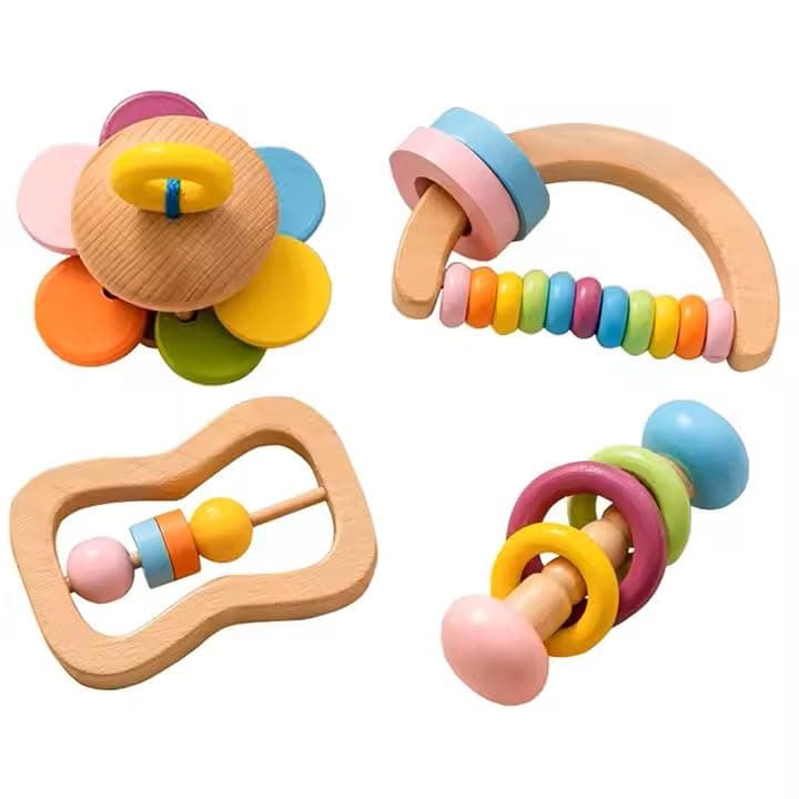 Wooden Baby Rattles Toy Set – 4-Pack Organic Natural Montessori Teething Toys for Infants – Safe BPA-Free Wooden Sensory Toys for Babies 6-18 Months