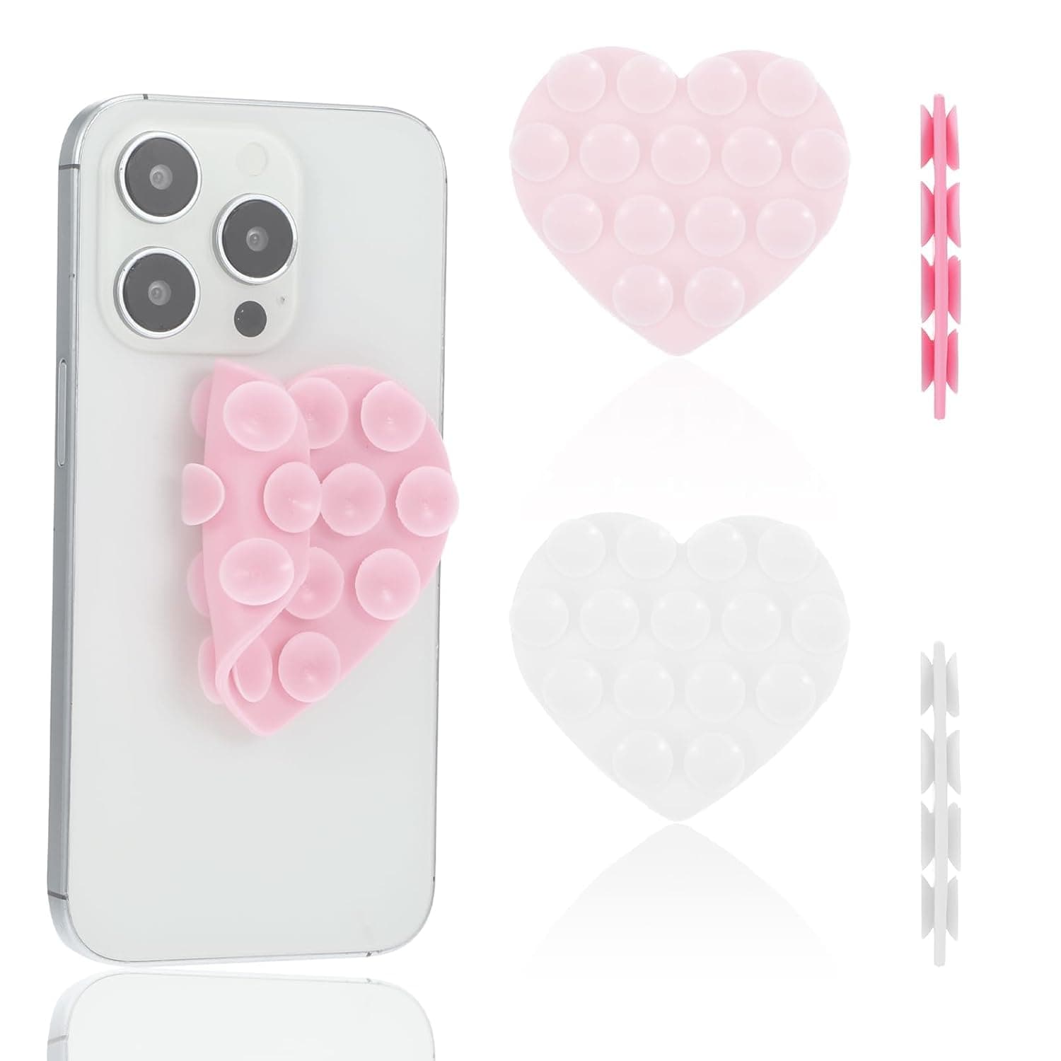 قطعتان من مقبض الهاتف على شكل قلب من السيليكون من تزويق، جراب موبايل بقاعدة شفط على شكل قلب، مقبض مزدوج الجوانب للموبايلات والمرايا والزجاج والمزيد (زهري، ابيض)
