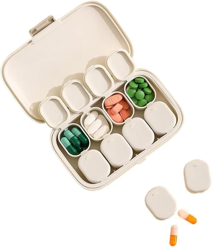 Tazweeq Travel Pill Organizer, 8 Compartments Portable Pill Case, Small Pill Box for Pocket Purse, Portable Medicine Vitamin Container for Daily & Travel Use, Vitamins Supplements, Beige
