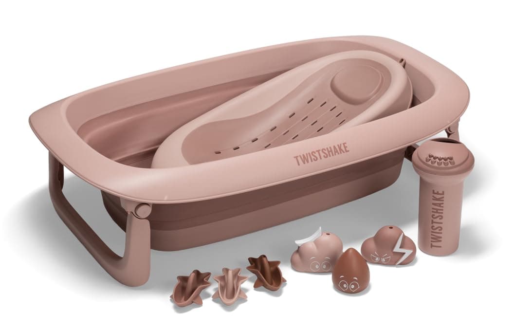 Twistshake Baby Bath V2 Set | Foldable Bath with Bath Pillow & Rinser | 30L Capacity | BPA Free | 0-4 Years | Rose Délavé