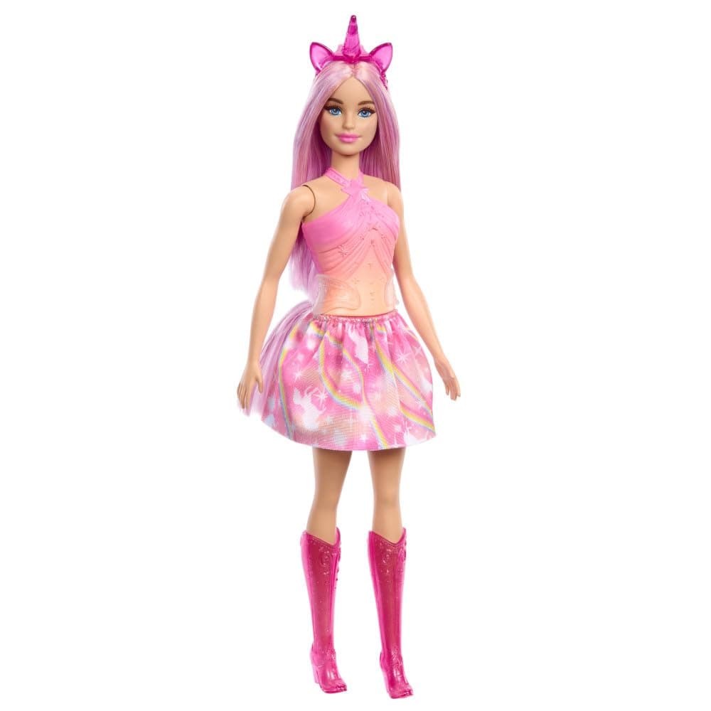 Barbie Unicorn Dolls with Colourful Fantasy Hair, Outfits with Colour Gradient and Fantasy Accessories Around the Theme of Unicorn, HRR13
