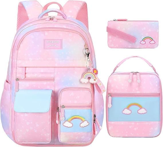 3PCS Kawaii Rainbow Girls Backpack Set Capacity Elementary School Bags for Girls Bookbags, Backpack With Lunch Box & Pencil Case