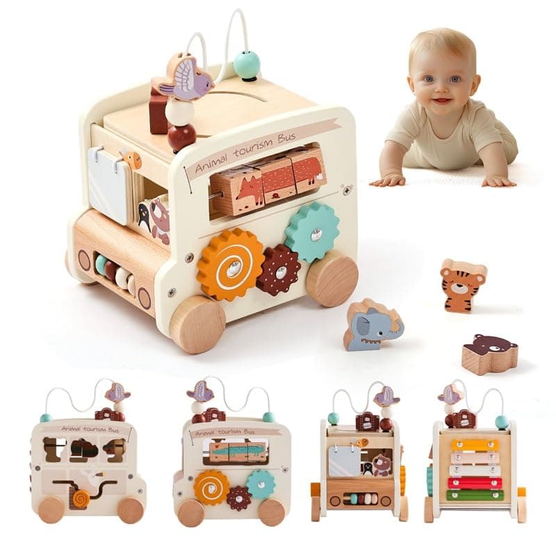 Wooden Activity Cubes for Toddlers Montessori Toys for Boys Girls Educational Learning Toys for Kids Wooden Toys for First Birthday Gift (Beige)