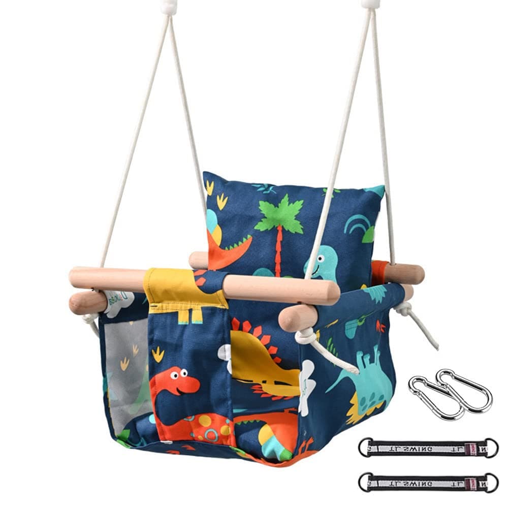 Natural Wooden Canvas Baby Swing Seat, Hanging Sweating Seat Chair with Safety Belt, Durable Baby Hammock Chair,Outdoor and Indoor Swing for Kids,Toddler Swing with Soft Backrest Cushion and Rope