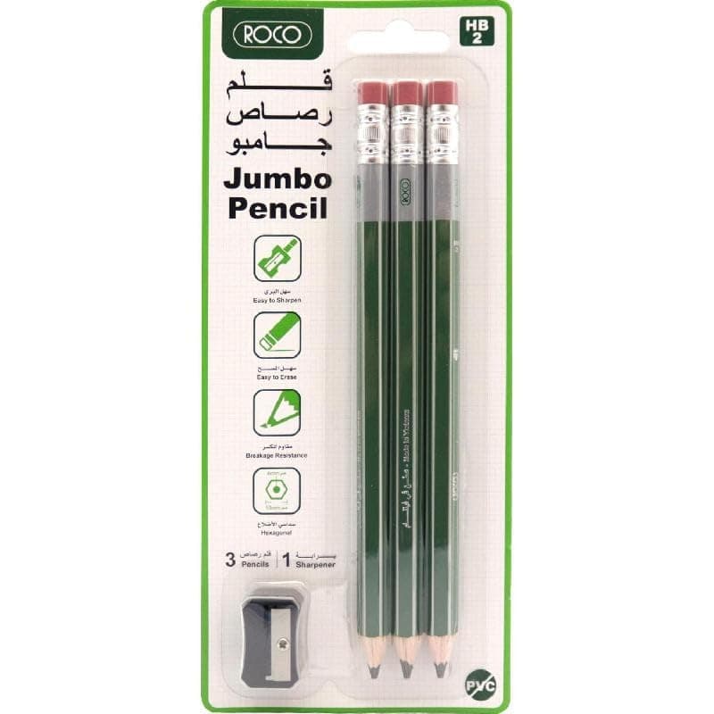 Roco Standard Hexagonal Green Barrel Jumbo Pencil with Eraser 4-Pieces Set, Multicolor