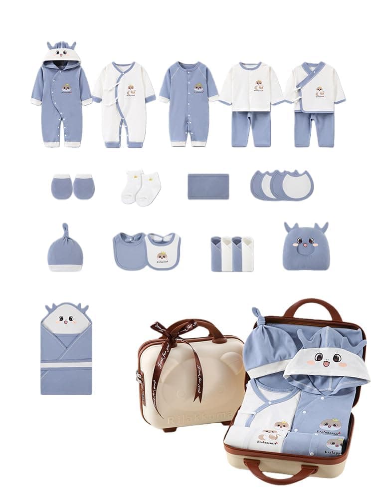 26PCS Newborn Baby Gift Set, Newborn Layette Gift Set for Boys Girls, Babies Essential Clothes Accessories with Baby Blanket, Cotton, for Spring Summer Autumn Winter, 66cm (Gift Suitcase, Blue)