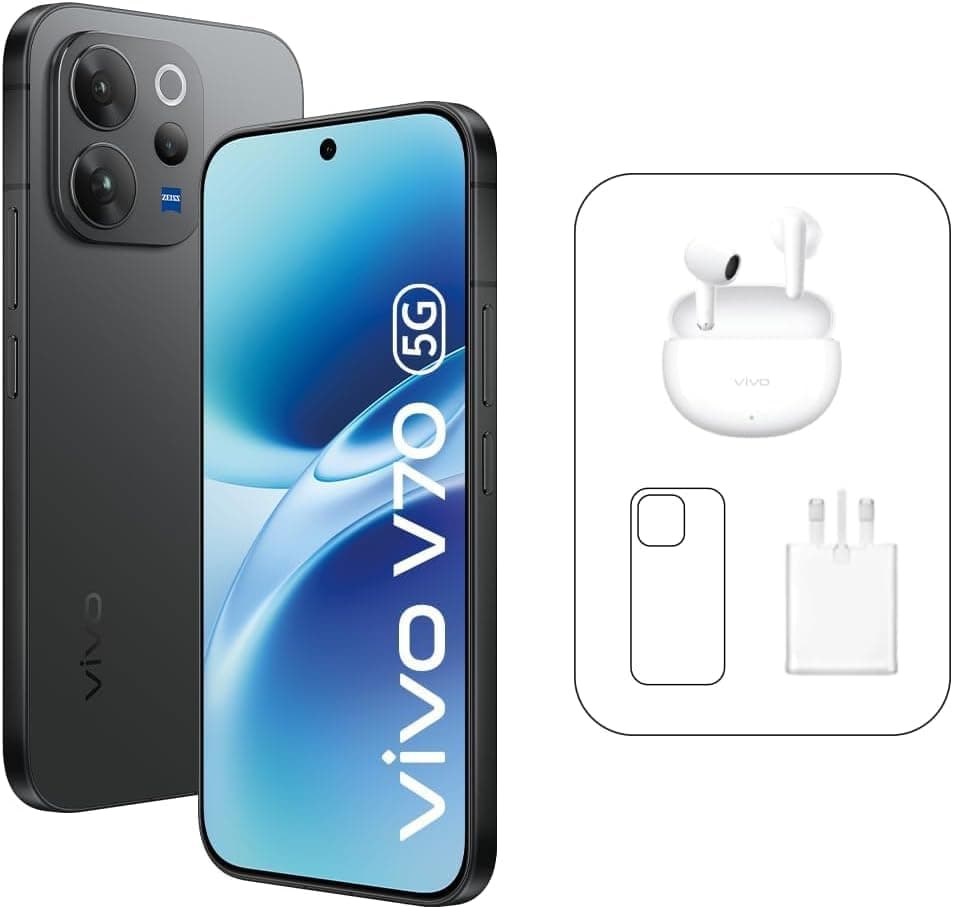Vivo V70 5G - Black 8+ 256GB | 50MP ZEISS Camera | 1.5K curved 120Hz AMOLED Display | 6500mAh | IP69, 4Y Battery | 455 Days Screen Replace,24 Months Warranty - UAE Type Approved(Amazon Exclusive)