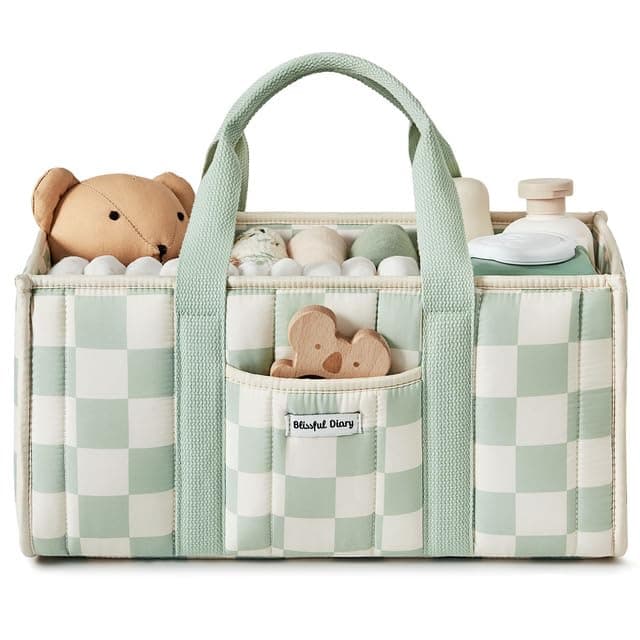 Blissful Diary Nappy Caddy Organiser, Baby Diaper Caddy for Nappy Station, Stylish Storage Basket for Newborn Essentials, Checkered Sage Green