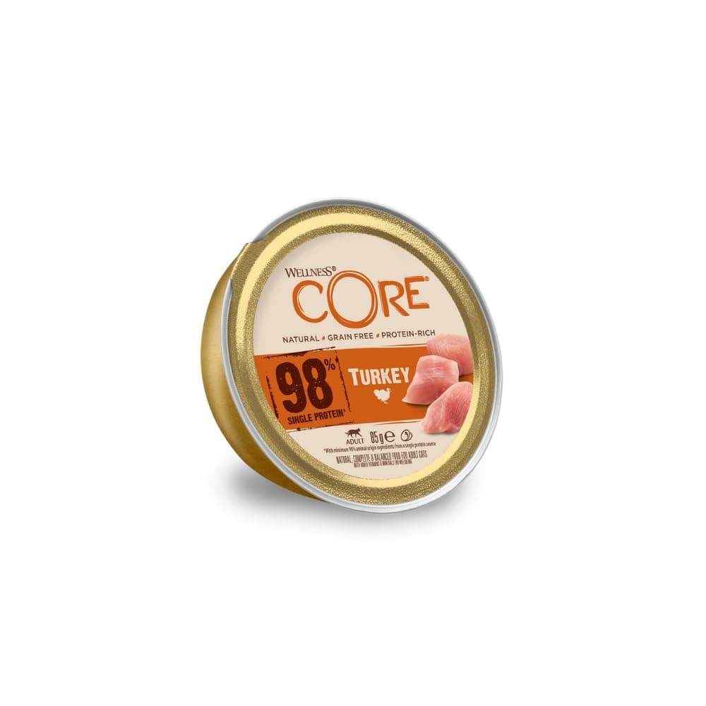 Wellness CORE 98% Turkey, 12 x 85 g, Wet Food for Adult Cats, Cat Food Pate, No Added Sugar, Grain-Free, with High Meat Content