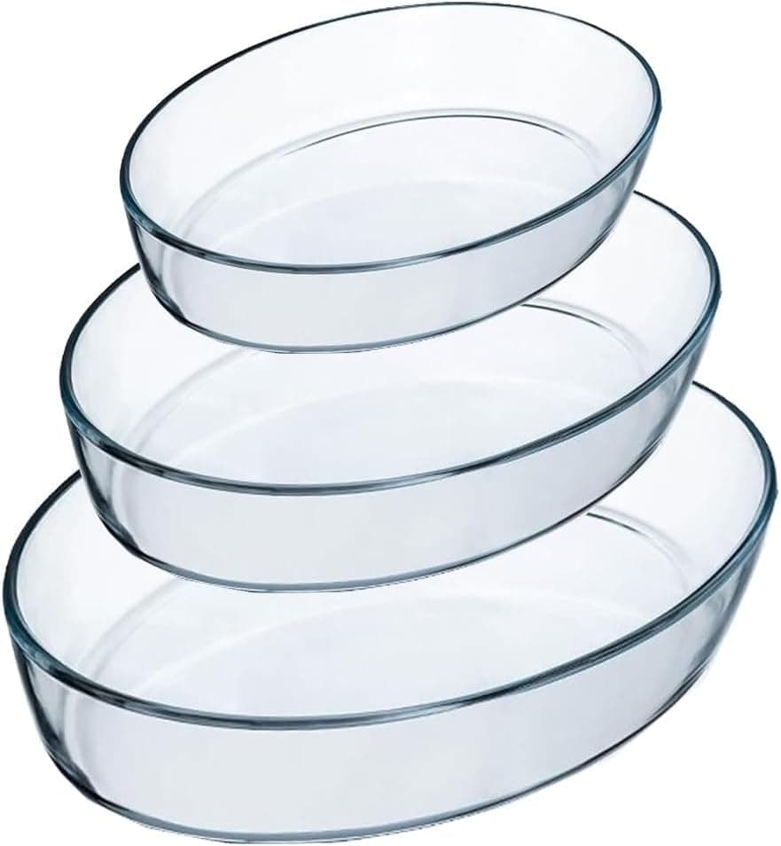 3 Piece Glass Oven Tray Set Heat Resistant Oval Shape 1.6+2.4+3.2L | Clear Glass Baking Tray Set | Oven & Microwave Safe | Versatile Oven Tray | Roasting Dishes