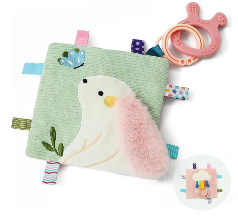 Elephant Baby Lovey with Sensory Tags, Minky Dot Crinkle Toy, Clip-On Stroller Security Blanket Featuring Silicone Teether Infant Gift (Rabbit)