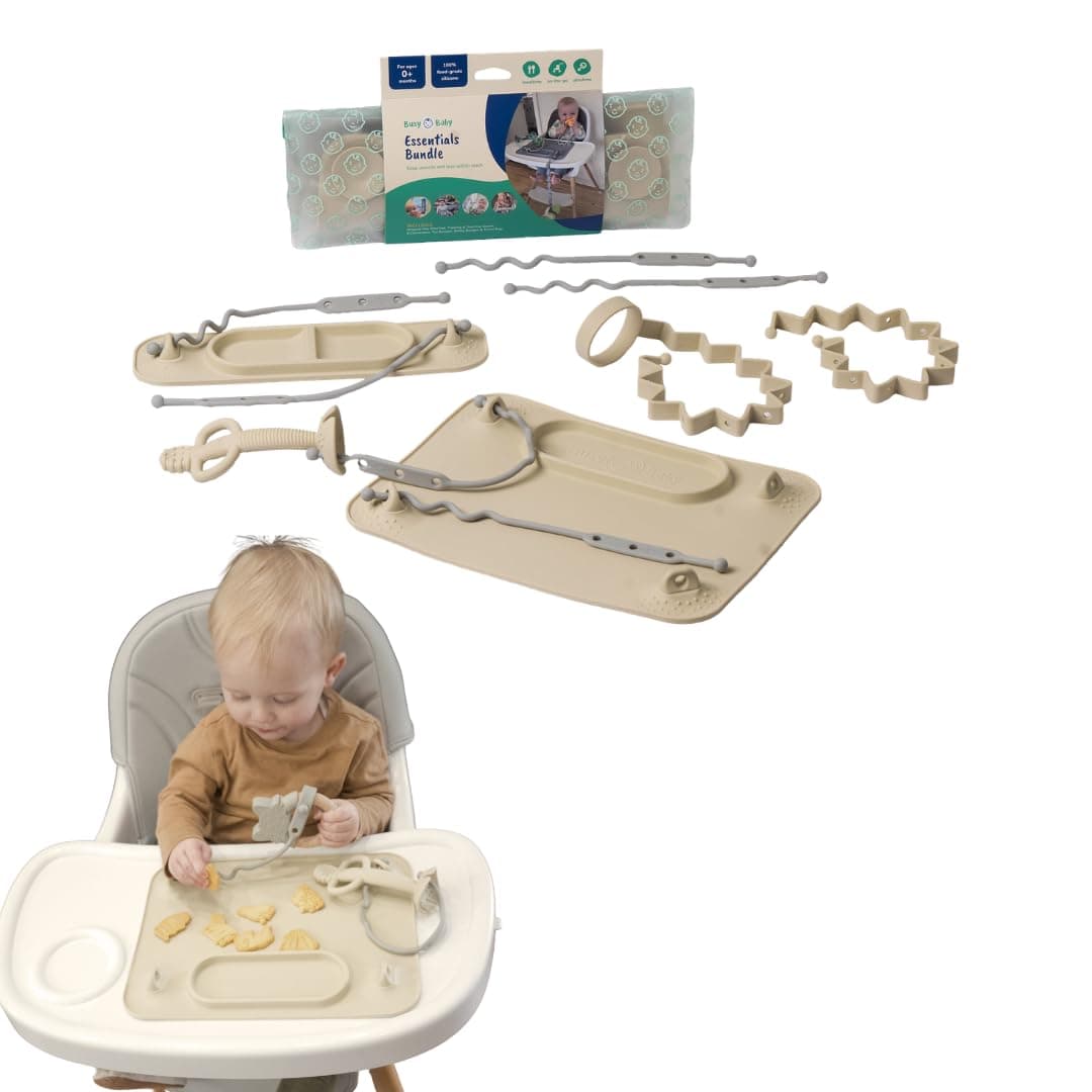 BUSY BABY Essentials Bundle New Parent Starter Kit - Suction Placemat, Mini Mat, Teether Spoon, Toy Bungee, Bottle Bungee, 6 Tether Straps, Wet Bag (6, Tan)