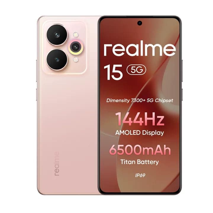 realme 15 5G Smartphone 12+256GB, Pink, 6.77-inch Screen, 144Hz AMOLED Display, 6500mAh Battery, 45W Ultra Charge, 50MP AI Camera, MediaTek Dimensity 7300+5G Chipset, IP69