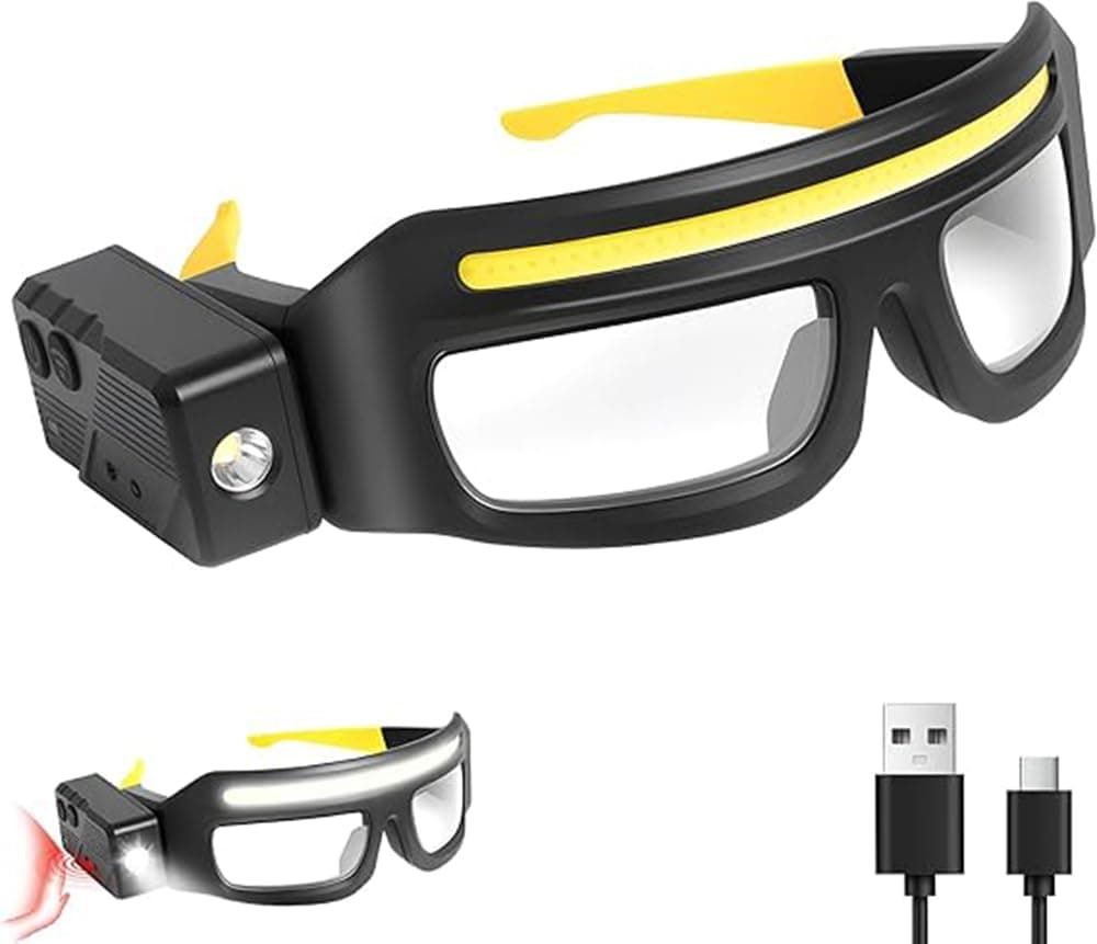 LED Glasses Rechargeable Headlamp with Motion Sensor and Touch Control, 5 Modes USB C Lighted Glasses for Night Running,Camping, Fishing, Cycling, Hiking, Hands-Free Lighting (Yellow)