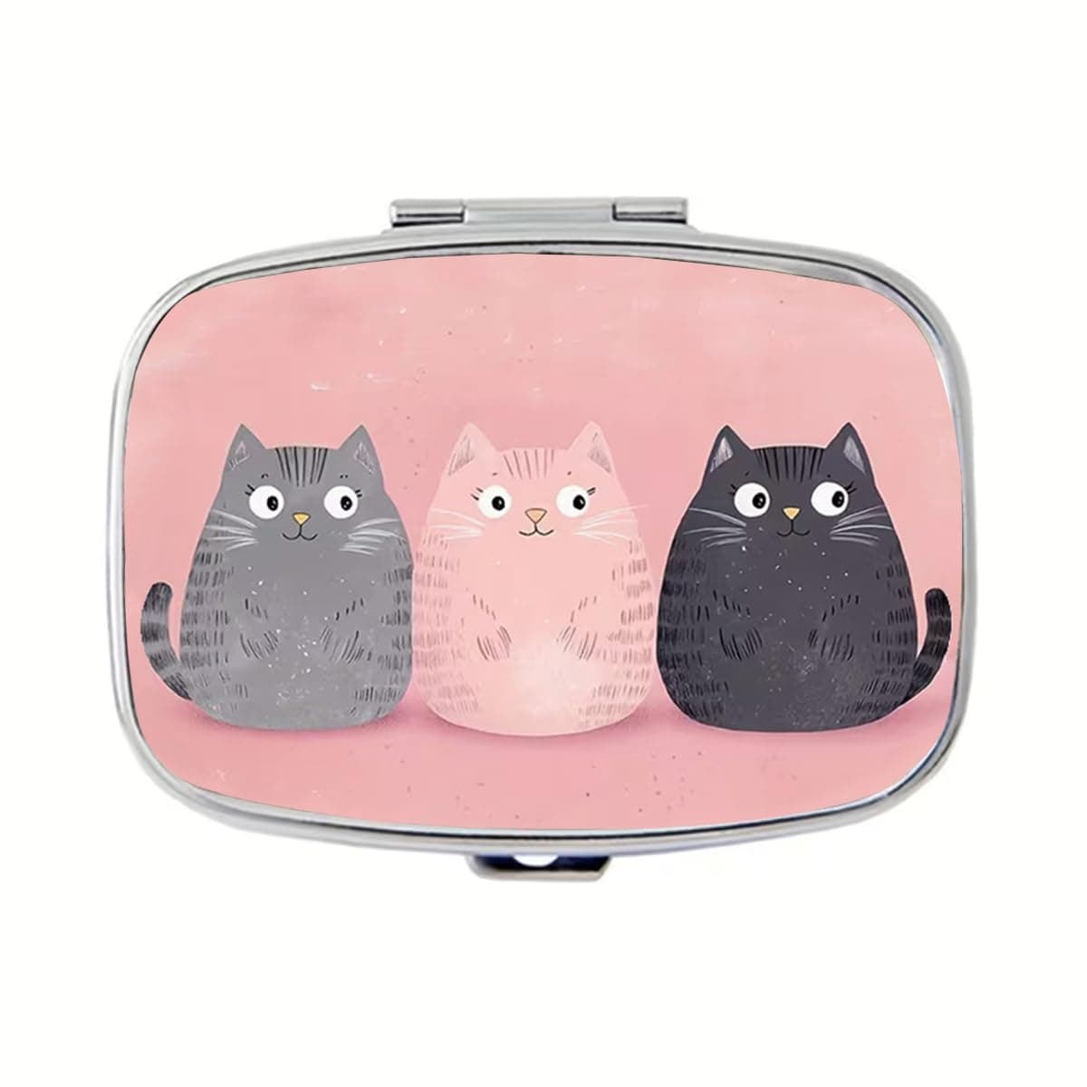 Cute Cat Pill Box 2 Compartment Small Pill Case for Purse & Pocket Travel Portable Metal Medicine Box to Hold Vitamins Medication Fish Oil Supplements Cat Lover for Women Men (YH3865)