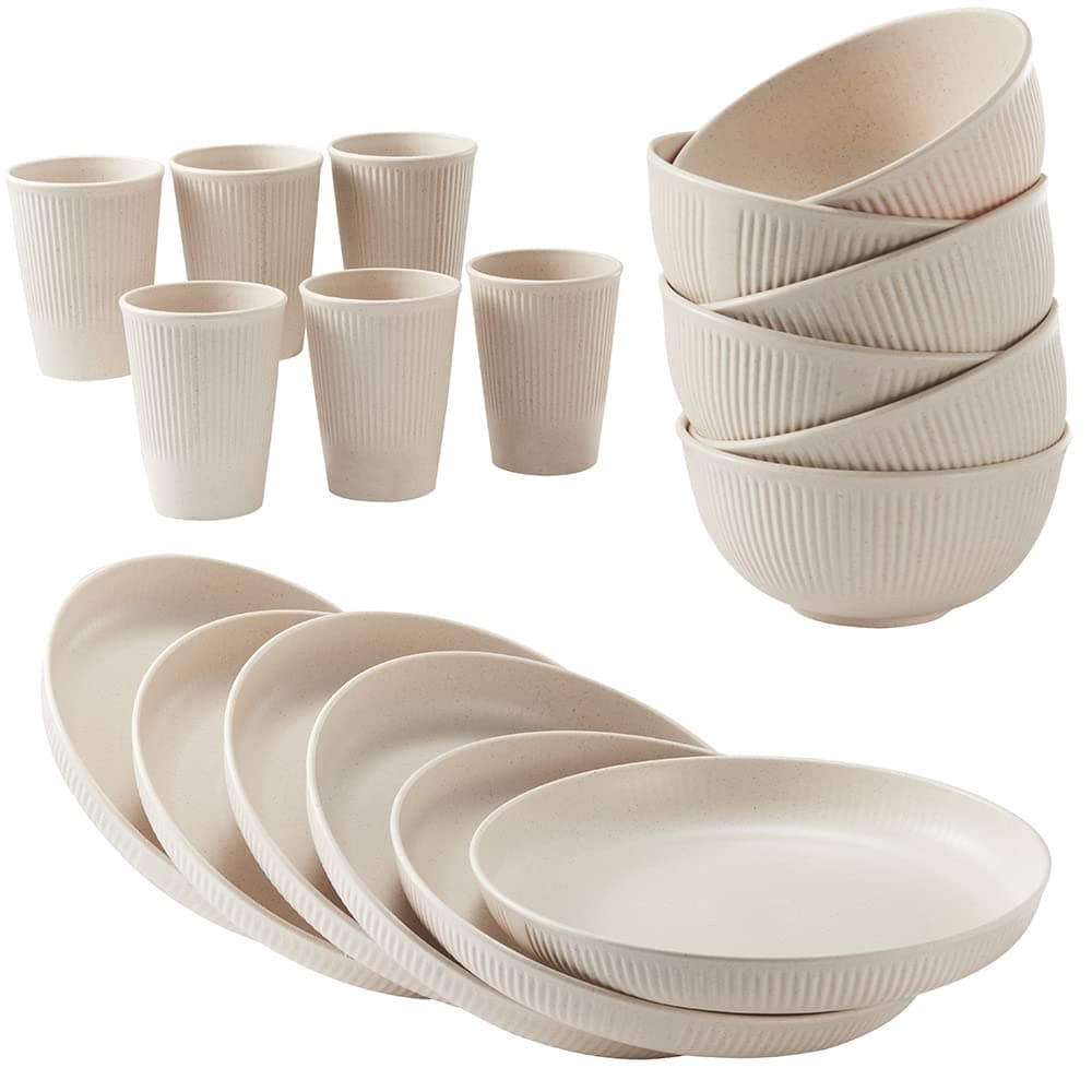 HXYPN 18pcs Wheat Straw Dinnerware Sets Unbreakable Reusable Dinnerware Set Kitchen Cups Plates and Bowls Sets Dishwasher Microwave Safe Plates