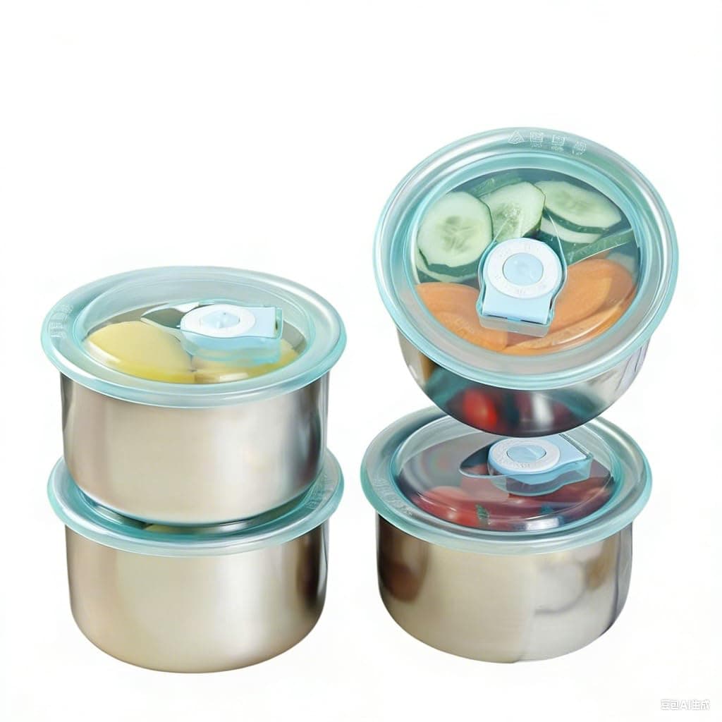 Stainless Steel Food Storage Containers Set of 4, Leakproof Portable Metal Bins, Stackable Organizer for Fruits Snacks, Ideal for Kitchen Fridge & Outdoor Camping
