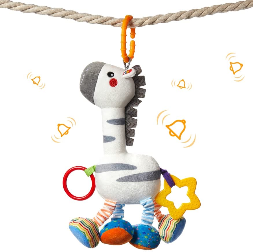 TUMAMA Baby Hanging Zebras Plush Toys for 0 3 6 9 12 Months | Plush Animals Baby Rattle Crinkle Squeaky Toys Car Seat Stroller Mobile Toys, Sensory Learning Toys Gift for Newborn Infant