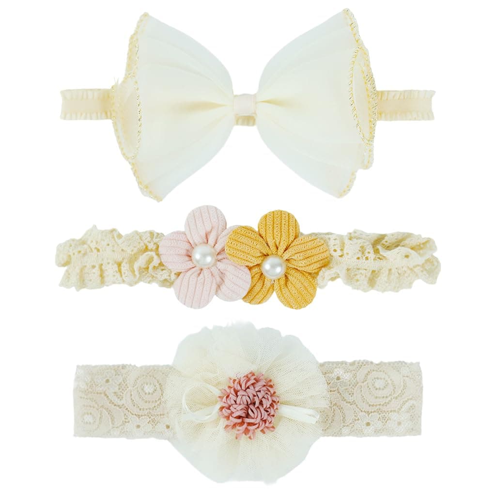 HANNEA 3pcs Bow Hairband for Baby Girl, Lace Flower Headband for Baby Girl, Cute Elastic Newborn Hairband Hair Accessories for BabyGirl Toddlers Gifts