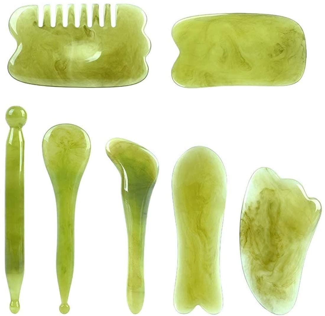 Green Handmade Natural Resin Gua Sha Scraping Board, 7 in 1 Massage Tool for Face, Neck, Body and Eyeball, Spa Acupuncture Therapy for Relaxation and Home Care