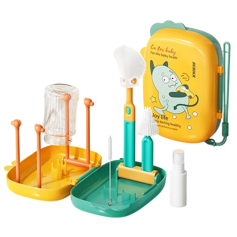 6-in-1 Baby Bottle Brush Set, Silicone Bottle Cleaning Kit with Nipple and Straw Brush, Soap Dispenser, Drying Rack and Travel Organizer, Baby Bottle Cleaning Essentials (Yellow)