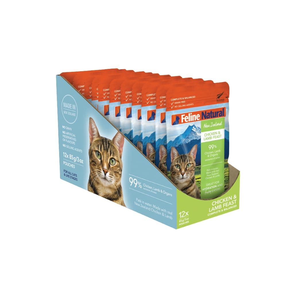 Feline Natural Wet Cat Food Pouch - Chicken & Lamb Feast, Grain-Free, Cage-Free & Grass-Fed, New Zealand Made, Single Serve Pate, 3oz, 12 Pack