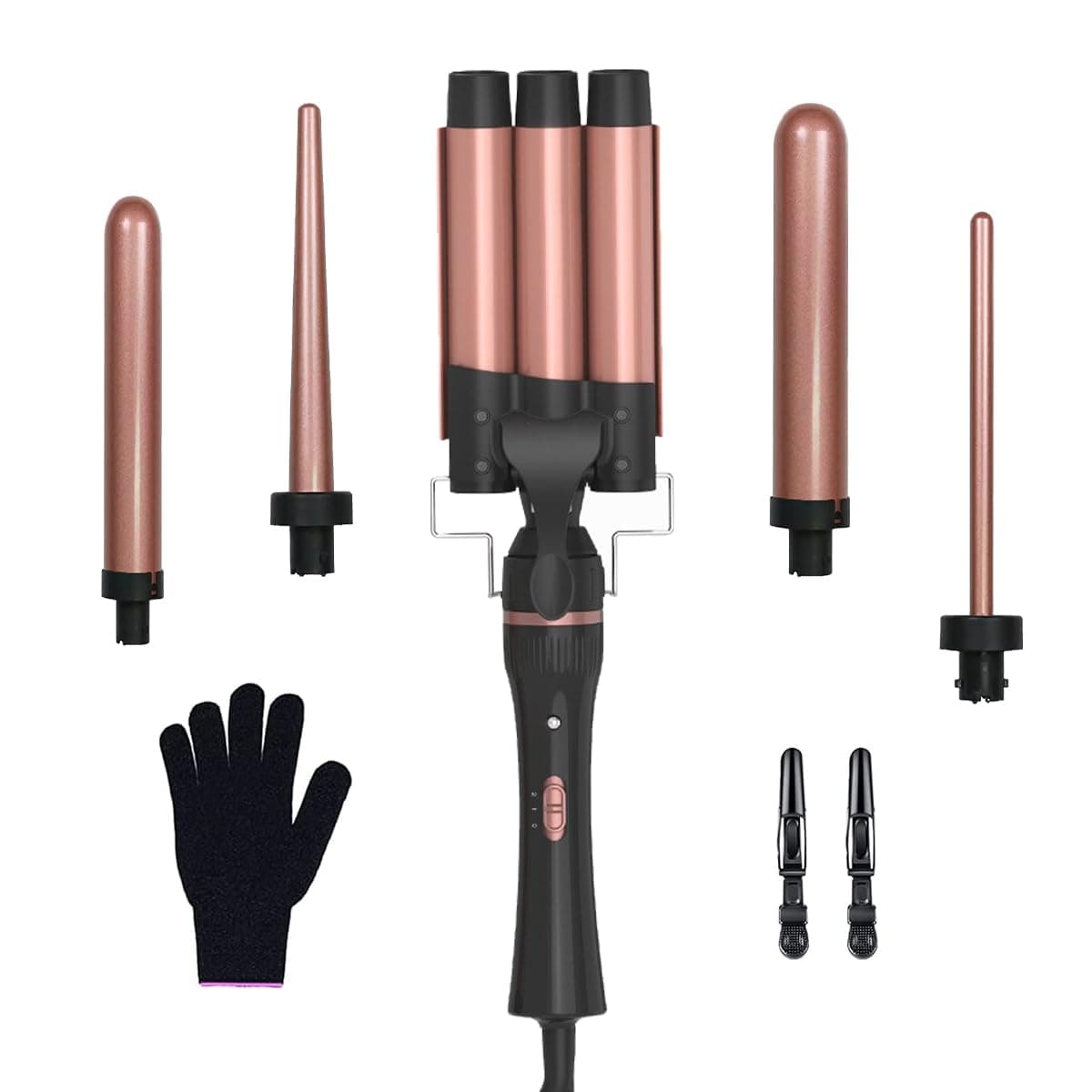 AccLoo 5 in 1 Beauty Curling Wand Set (9-32mm), 3 Barrel Curler, Fast Heating PTC, Tourmaline Ceramic Coating, Anti-Frizz, Adjustable Temperature (180-210°C), Include Heat-Resistant Glove & 2 Clips
