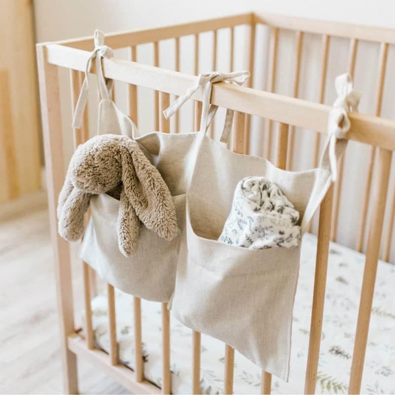 Joyzzz Hanging Diaper Bag, 2-Pocket Linen Organizer with Adjustable Straps, Baby Crib Storage Bag for Diapers, Toys and Essentials, Nursery Bedside Hanging Organizer