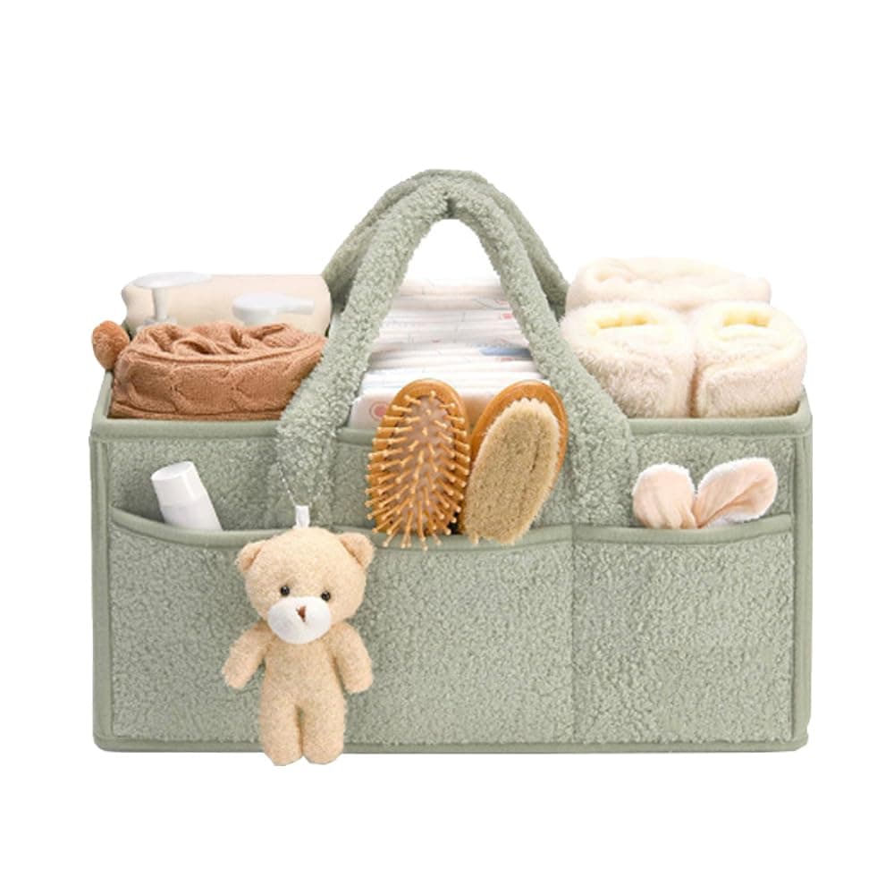 Nappy Caddy Organiser, Newborn Essentials Diaper Caddy, Washable Felt Nursery Storage Baskets with Detachable Compartments, baby shower gifts for New Mum (Green)
