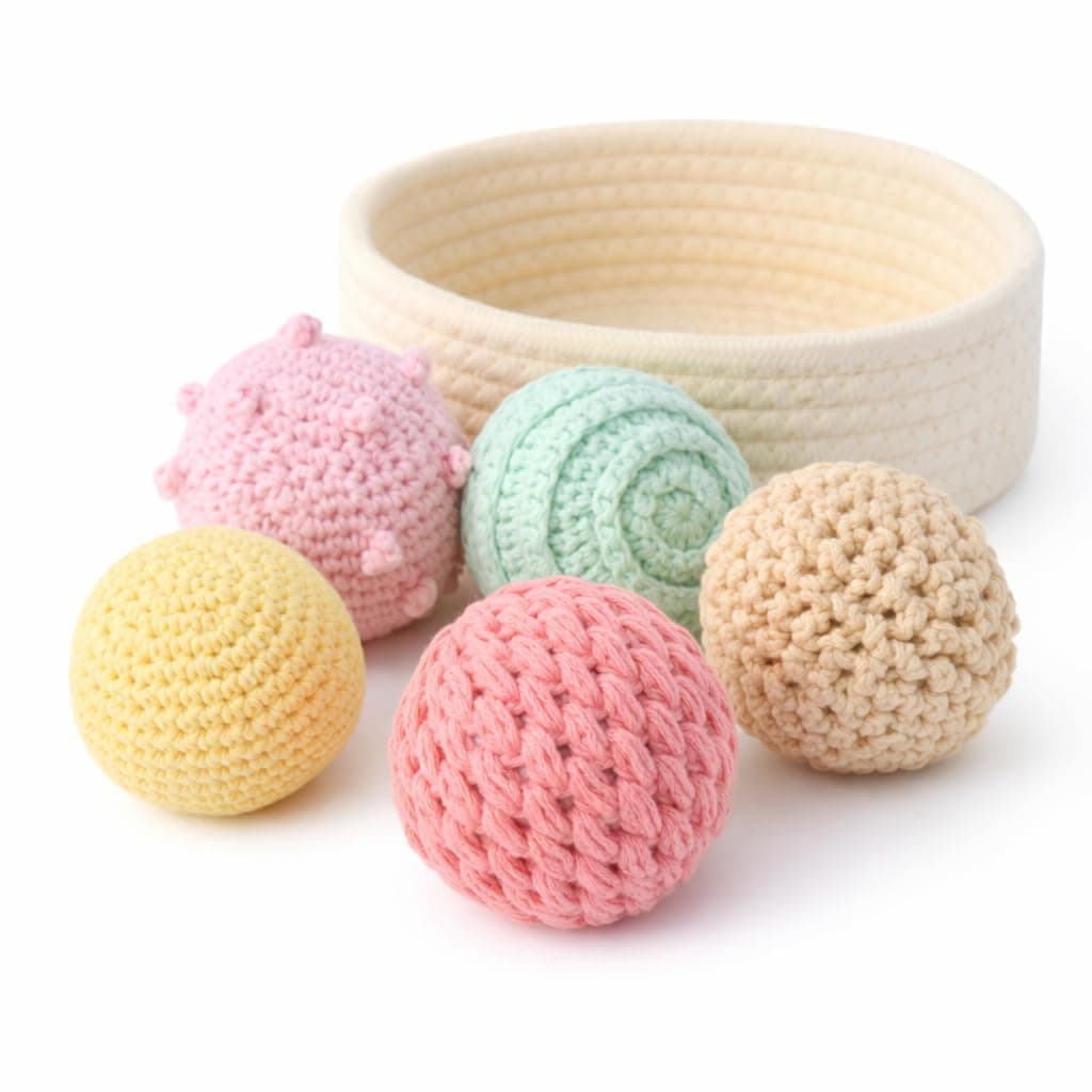 Montessori Baby Sensory Balls – Natural Cotton Crochet Texture Toy for Infants 6–12 Months – Neutral Non-Plastic Ball Set with Basket