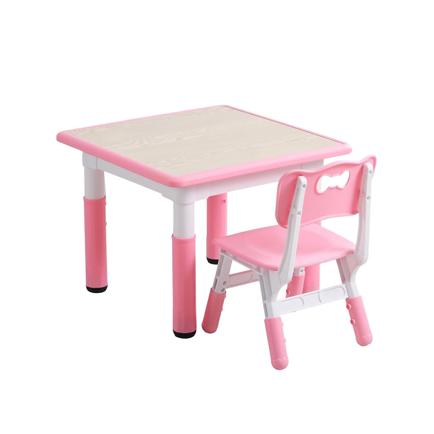 Children's Wood Grain Square Table - Height Adjustable, Easy to Clean Pink Table and Chair Set