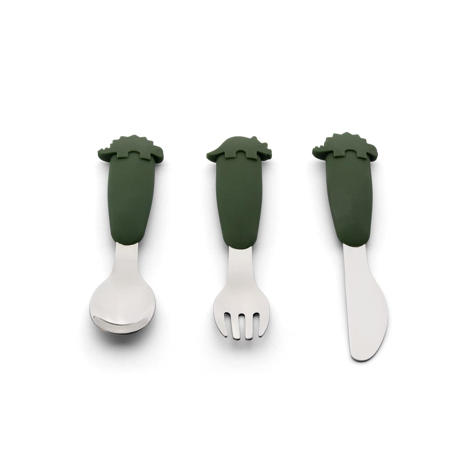 Citron- Toddler Cutlery Set | Three piece stainless steel & silicon utensil Spoon, Fork & Knife Set | Flatware Cutlery Set for Kids- Dino Green
