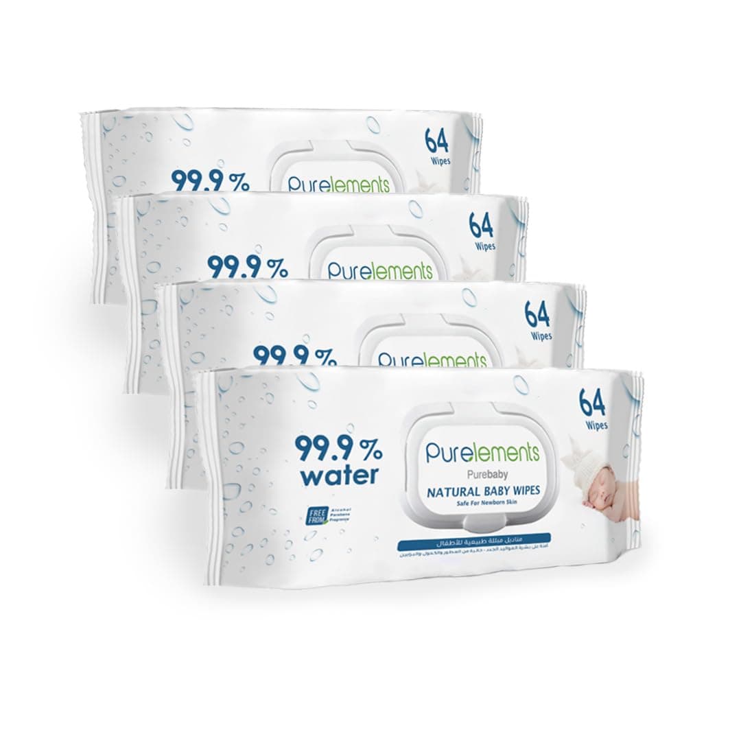 Purelements Baby Wipes For Sensitive/Delicate Skin|Water Wipes |Natural 99.9% Water|Skin Friendly|Free from Fragrances, Parabens & Alcohol Pack of 4(256 pcs)