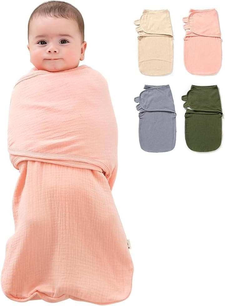 ZONEY Baby Swaddle Wrap, 4 Layer Newborn Swaddle Blanket Wrap with Breathable Organic Cotton, Adjustable Wider Velcro Baby Swaddle Blanket, Baby Essentials for 0-6Months Baby (Pink)