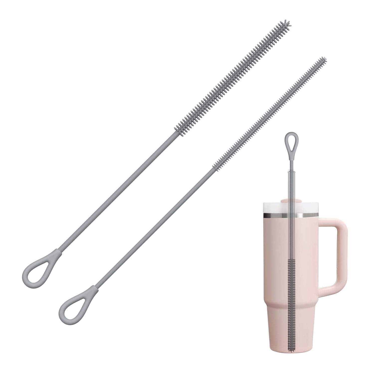YOTIME Silicone Straw Cleaner Brush, 2Pcs Reusable Straw Brush, Gray | 2-Piece Set, Extra-Long for Tumblers with Handles and Glass/Metal Smoothie Straws, Non-Slip Handle, Soft Flexible, 6mm & 9mm
