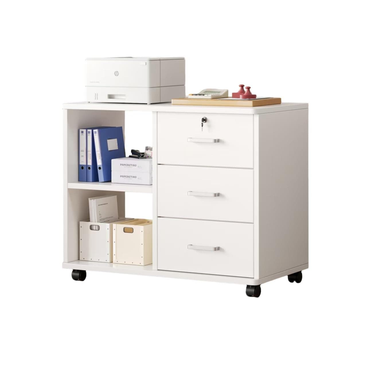 Beauenty Wooden Lateral File Cabinets, Mobile Printer Stand with Open Storage Shelves, Lockable Home Office Storage Cabinet for A4 and Letter-Size Documents (3 Drawers)