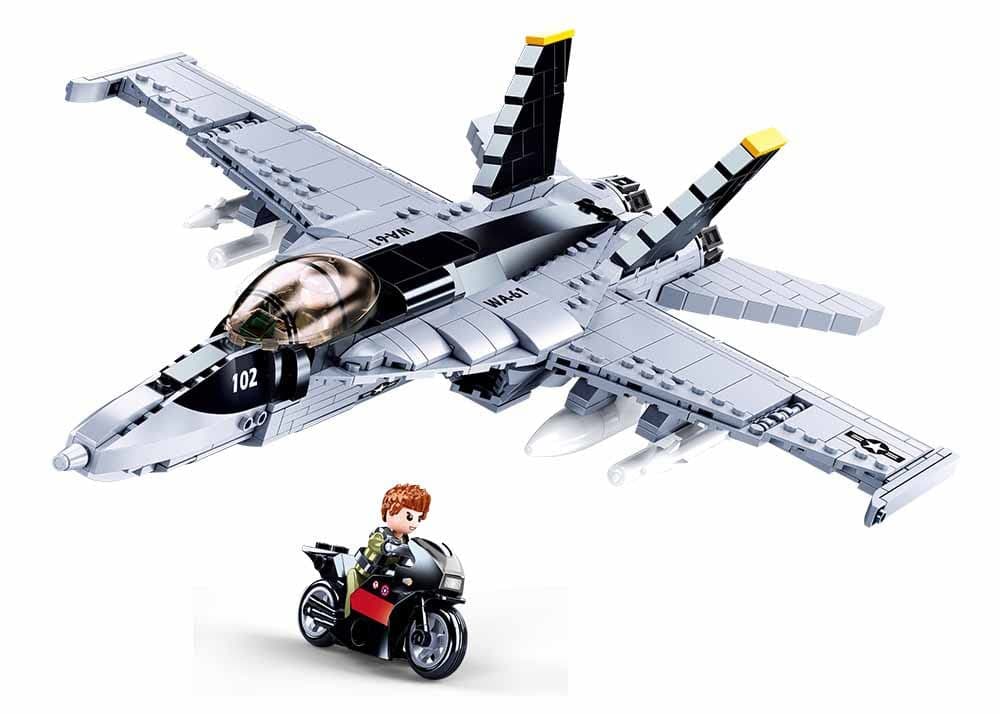 Sluban Model Bricks Series -Fighter Jet Building Blocks With Mini Figur and Motorcycle - For Age 10+ Years Old - 682Pcs