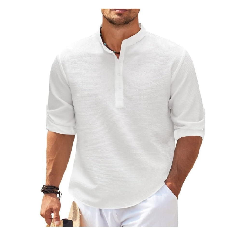 Men's Cotton Linen Shirt Casual Long Sleeve Henley Hippie T Shirts Summer Fashion Beach Tops